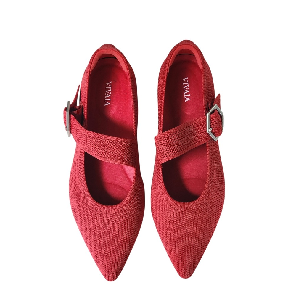 VIVAIA Maria Red Knit Pointed Toe Mary Jane Flat Shoes Buckle Strap Size 39.5 - Picture 4 of 5